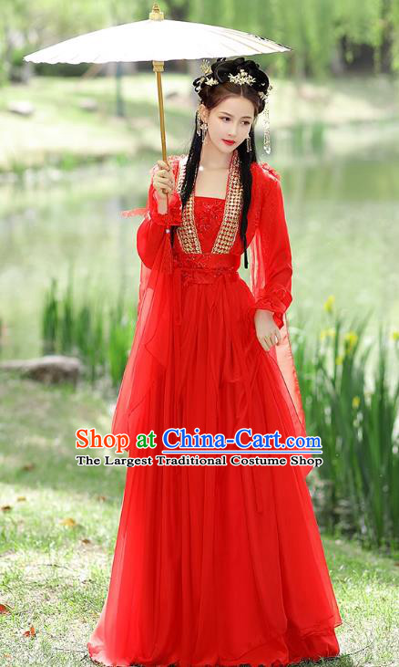 China Fairy Red Dress Ancient Goddess Costume Traditional Hanfu San Sheng San Shi Bai Fengjiu Clothing