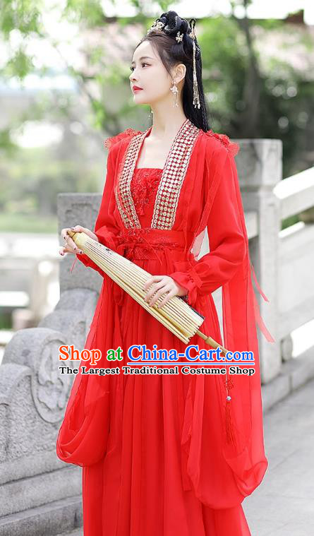 China Fairy Red Dress Ancient Goddess Costume Traditional Hanfu San Sheng San Shi Bai Fengjiu Clothing