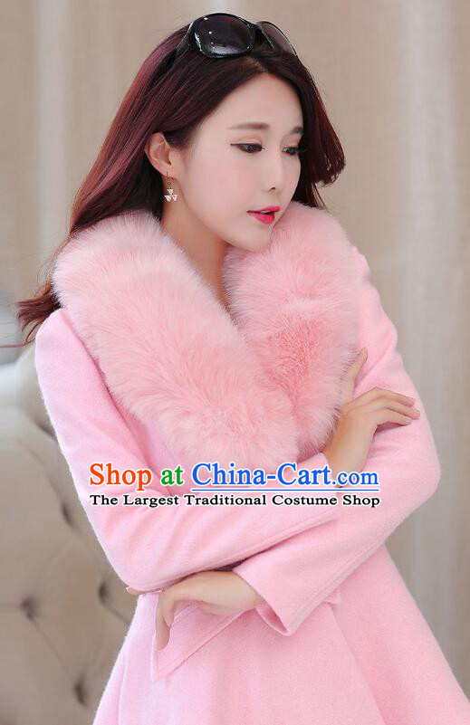 Woman Plus Size Costume Winter Female Pink Woolen Jacket Elegant Slim Fur Collar Coat