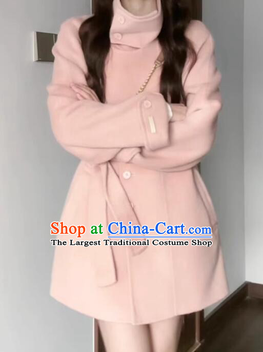 Plus Size Female Pink Woolen Jacket Woman Elegant Slim Coat Winter Stand Collar Costume