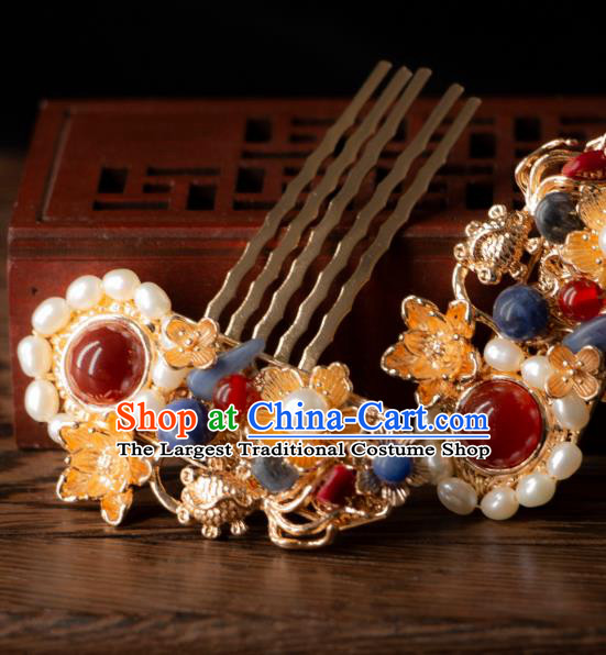 China Ming Dynasty Pearl Hair Combs Ancient Empress Hair Jewelries Handmade Hanfu Accessories