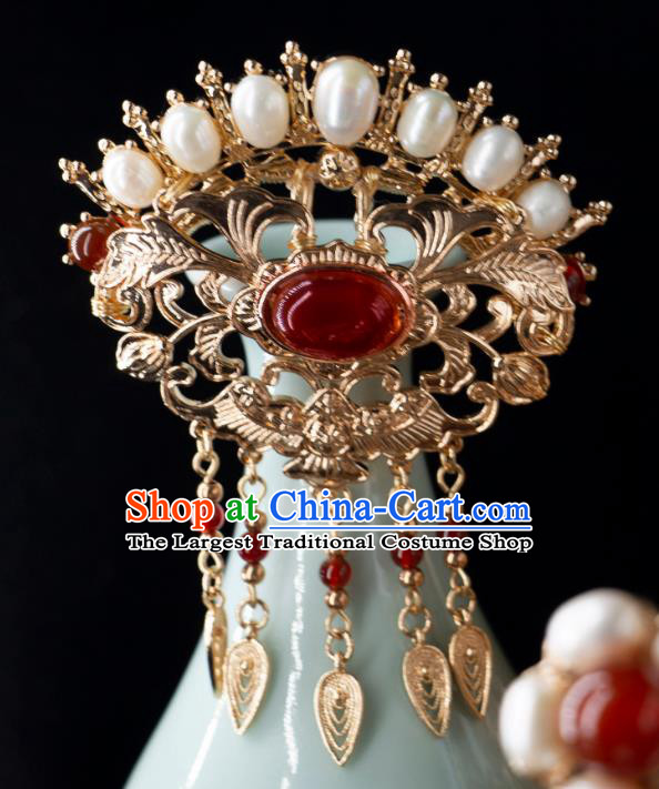 Handmade Hanfu Hair Jewelry China Ming Dynasty Pearl Hair Comb Ancient Empress Golden Headwear