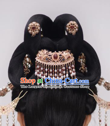 China Ancient Queen Pearl Tassel Hairpin Handmade Hanfu Hair Jewelry Song Dynasty Empress Agate Hair Clip