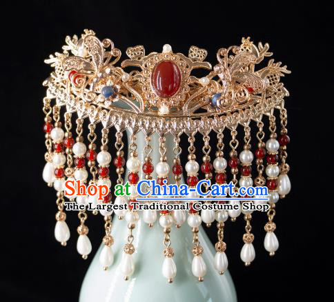 China Ancient Queen Pearl Tassel Hairpin Handmade Hanfu Hair Jewelry Song Dynasty Empress Agate Hair Clip