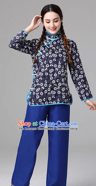 China Hakka Style Village Girl Costume  Folk Dance Blue Outfit Traditional Yangko Picking Tea Performance Clothing