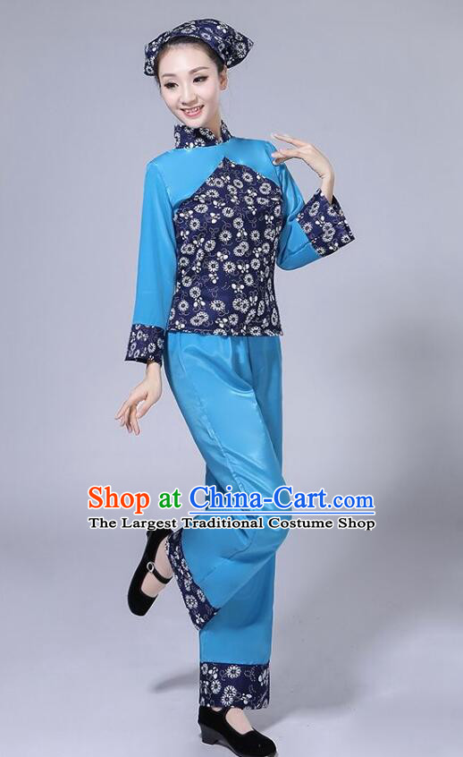 China Hakka Style Dance Costume Folk Dance Blue Outfit A Qing Sao Picking Tea Girl Clothing
