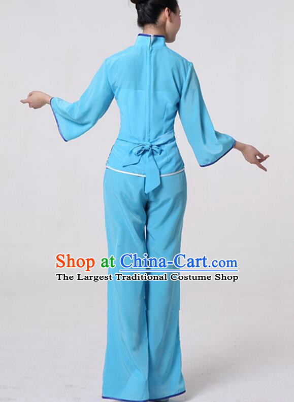 China Folk Dance Blue Outfit Yangko Dance Picking Tea Girl Clothing Hakka Style Performance Costume
