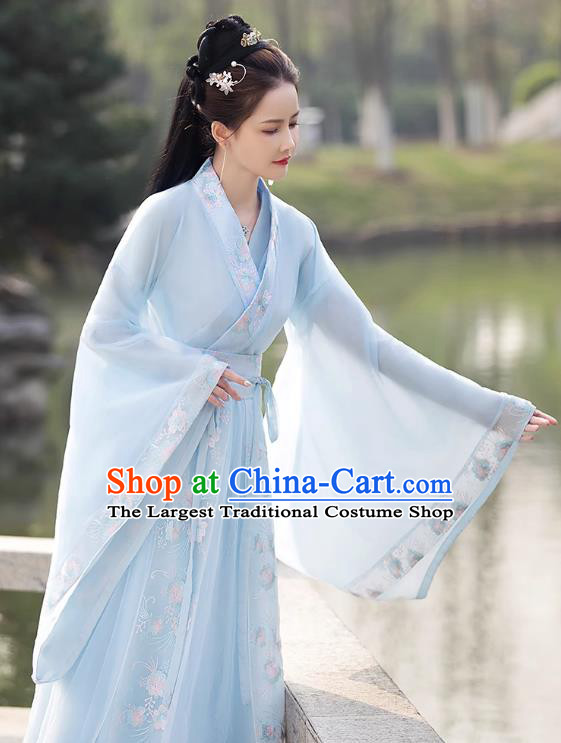 China Traditional Hanfu Princess Blue Dress Ancient Young Lady Clothing Song Dynasty Replicate Clothing