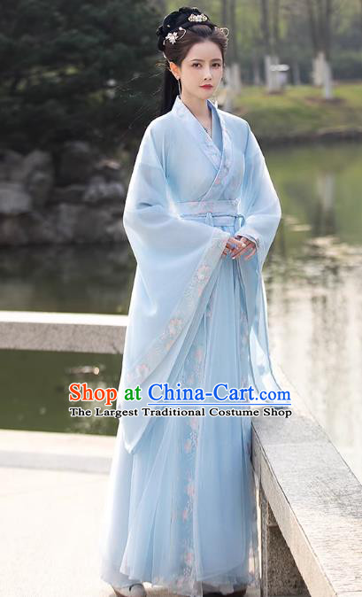 China Traditional Hanfu Princess Blue Dress Ancient Young Lady Clothing Song Dynasty Replicate Clothing