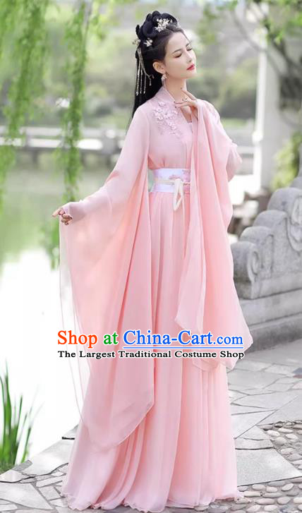 China Ancient Clothing Traditional Wide Sleeve Pink Hanfu Dress Tang Dynasty Princess Costume