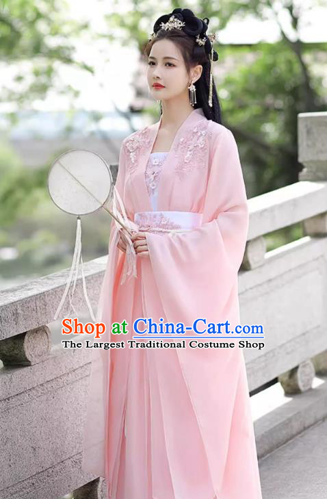 China Ancient Clothing Traditional Wide Sleeve Pink Hanfu Dress Tang Dynasty Princess Costume