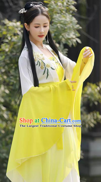 Female Hanfu Yellow Wide Sleeve Flow Fairy Sress China Jin Dynasty Costume Ancient Goddess Clothing