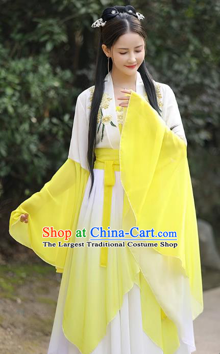 Female Hanfu Yellow Wide Sleeve Flow Fairy Sress China Jin Dynasty Costume Ancient Goddess Clothing