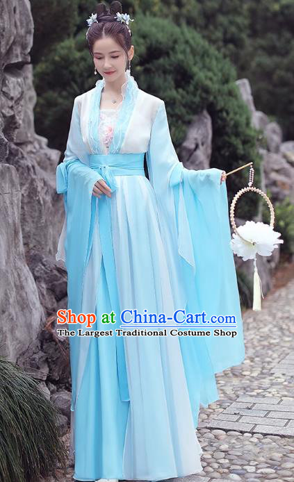 China Ancient Hanfu Classical Dance Clothing Light Blue Fairy Dress Song Dynasty Princess Costume