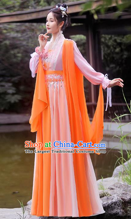 China Ancient Goddess Hanfu Classical Dance Clothing Orange Fairy Dress