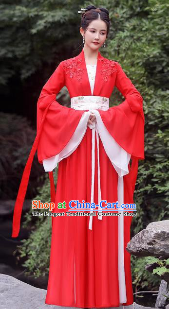 China Red Fairy Dress Ancient Wedding Hanfu Classical Dance Clothing Han Dynasty Princess Costume