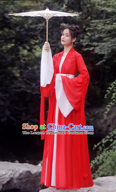 China Red Fairy Dress Ancient Wedding Hanfu Classical Dance Clothing Han Dynasty Princess Costume