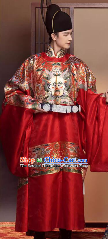 China Male Wedding Hanfu Red Brocade Robe Ming Dynasty Groom Costume Ancient Scholar Clothing