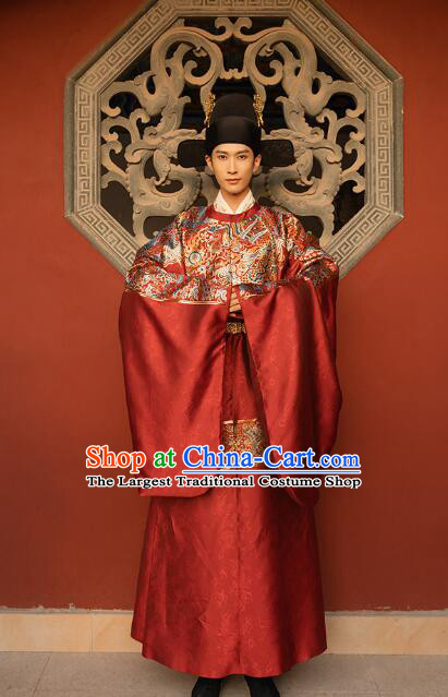 China Ancient Number One Scholar Zhuangyuan Clothing Male Wedding Hanfu Red Robe Ming Dynasty Groom Costume