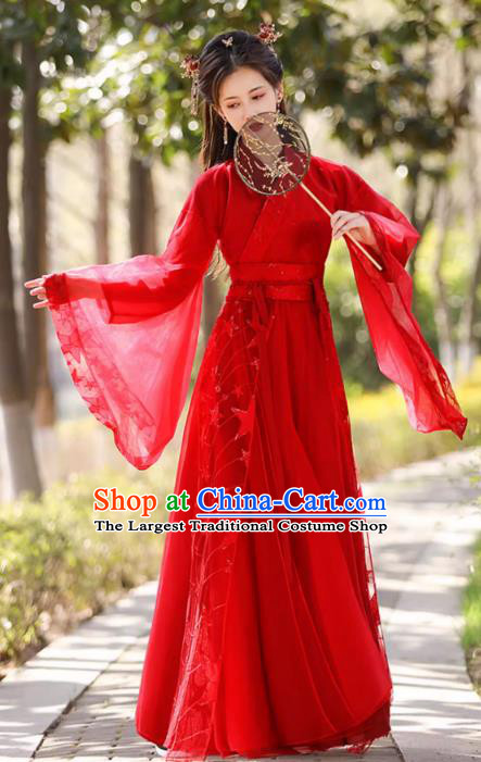 China Classical Jing Hong Dance Red Dress Ancient Fairy Hanfu Han Dynasty Bride Costume