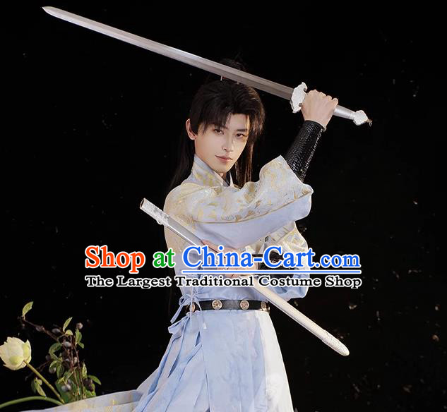 China Ming Dynasty Costumes Ancient Young Childe Clothing Traditional Hanfu Blue Ye Sa Feiyu Robe and Beizi Complete Set