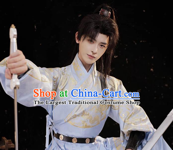 China Ming Dynasty Costumes Ancient Young Childe Clothing Traditional Hanfu Blue Ye Sa Feiyu Robe and Beizi Complete Set