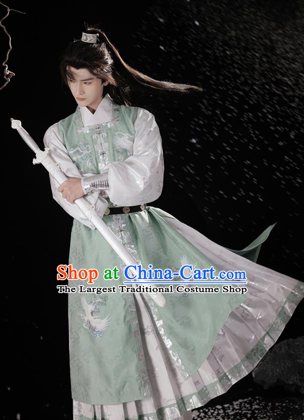 China Ancient Swordsman Clothing Ming Dynasty Costumes Traditional Male Hanfu Light Green and White Robe Complete Set