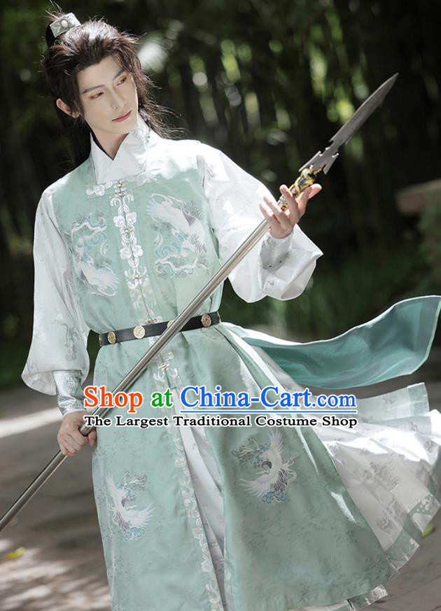 China Ancient Swordsman Clothing Ming Dynasty Costumes Traditional Male Hanfu Light Green and White Robe Complete Set