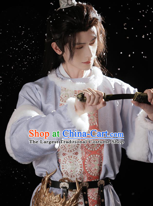 Traditional Male Hanfu Winter Round Collar Robe China Ancient Swordsman Clothing Tang Dynasty Hero Costume