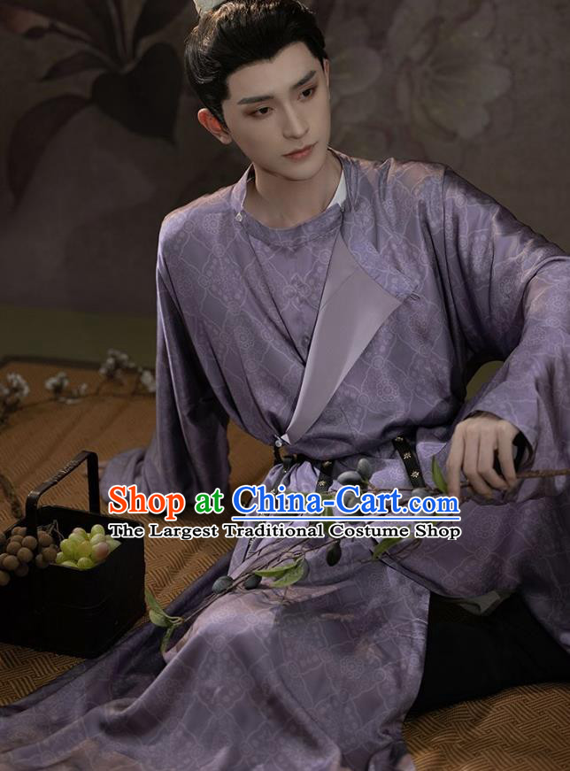 China Tang Dynasty Swordsman Clothing Ancient Young Hero Costumes Traditional Male Hanfu Purple Round Collar Robe