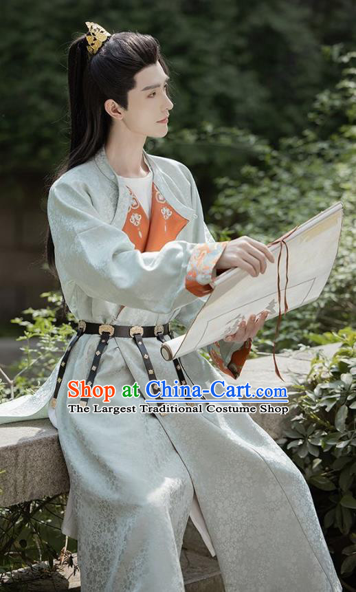 China Ancient Young Warrior Costumes Traditional Hanfu Light Green Round Collar Robe Tang Dynasty Swordsman Li Bai Clothing