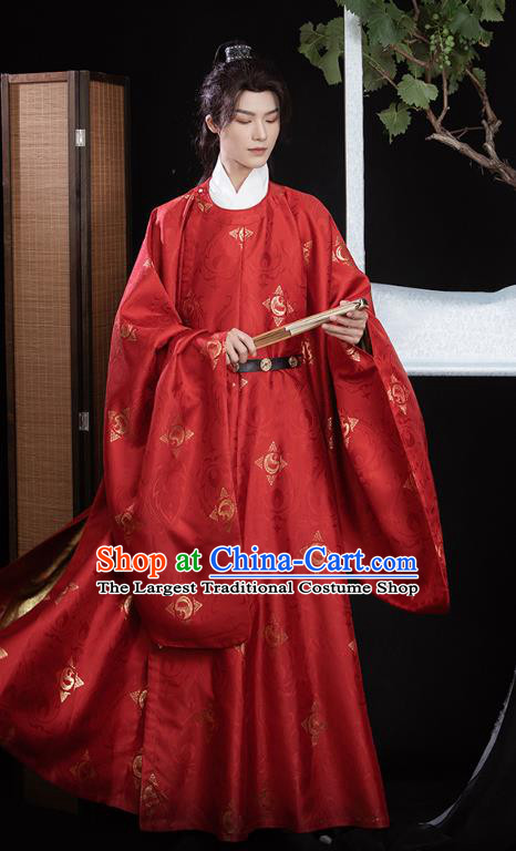 China Traditional Wedding Hanfu Red Brocade Robe Ming Dynasty Noble Childe Clothing Ancient Scholar Costumes