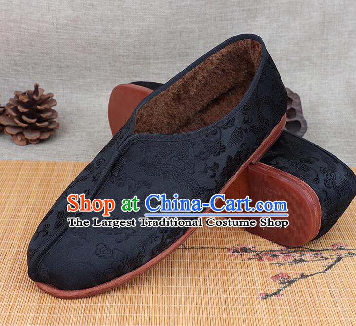 China Old Beijing Cloth Shoes Handmade Male Shoes Black Kung Fu Shoes Winter Dragon Pattern Insulated Shoes