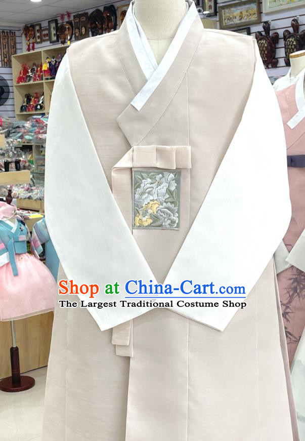 Korean Embroidered Male Costumes Traditional Hanbok Wedding Groom Clothing Beige Top and Pants