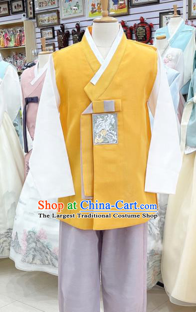 Traditional Hanbok Embroidered Male Costumes Korean Wedding Groom Clothing Yellow Shirt and Pants