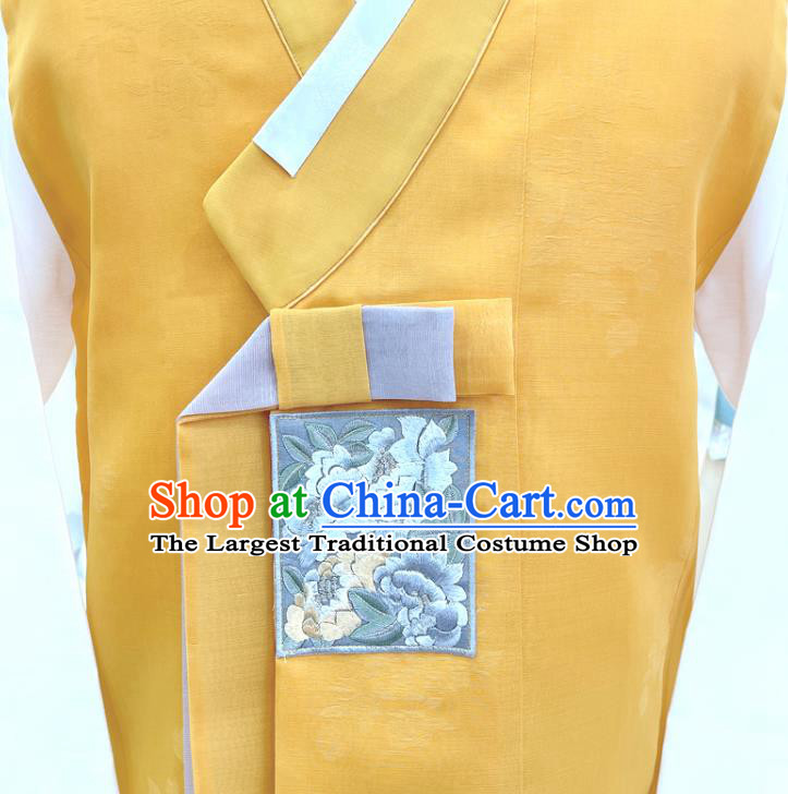 Traditional Hanbok Embroidered Male Costumes Korean Wedding Groom Clothing Yellow Shirt and Pants
