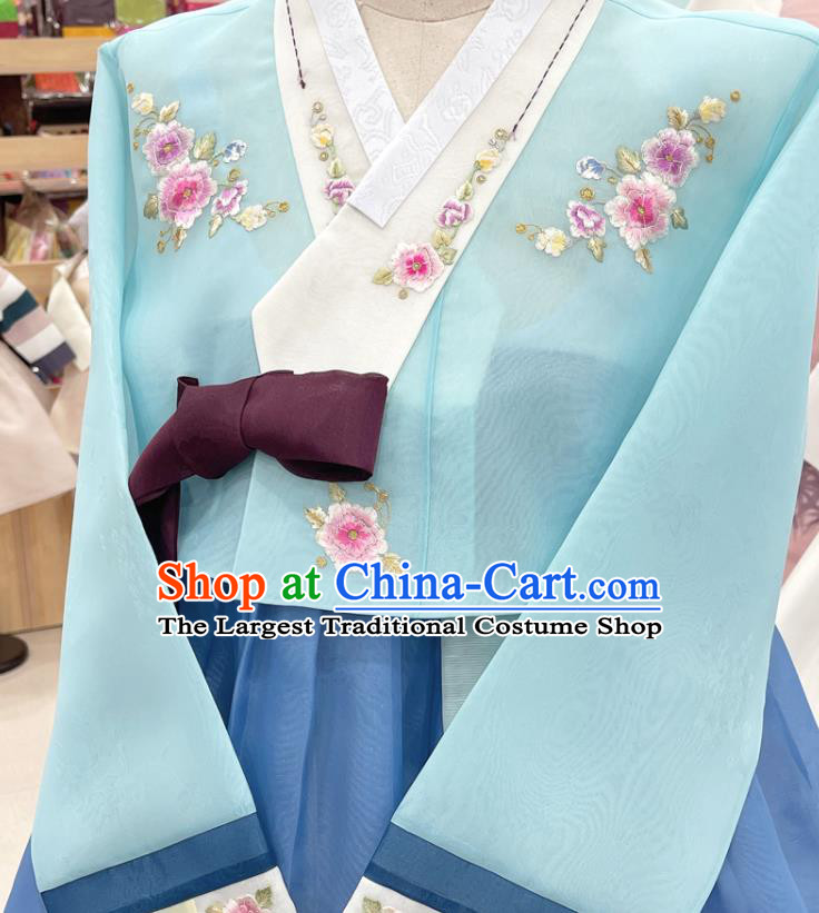 Traditional Hanbok Korean Wedding Costumes Embroidered Blue Blouse and Dress Complete Set
