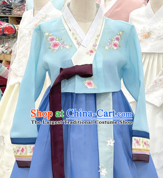 Traditional Hanbok Korean Wedding Costumes Embroidered Blue Blouse and Dress Complete Set