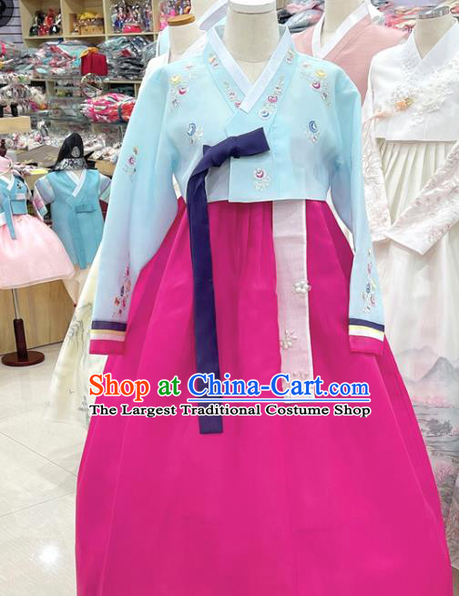 Korean Embroidered Light Blue Blouse and Magenta  Dress Traditional Hanbok Wedding Costumes Complete Set