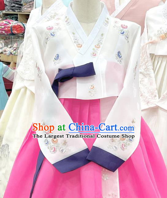 Korean Bride Clothing Embroidered White Blouse and Pink Dress Traditional Hanbok Wedding Costumes