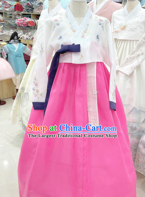Korean Bride Clothing Embroidered White Blouse and Pink Dress Traditional Hanbok Wedding Costumes