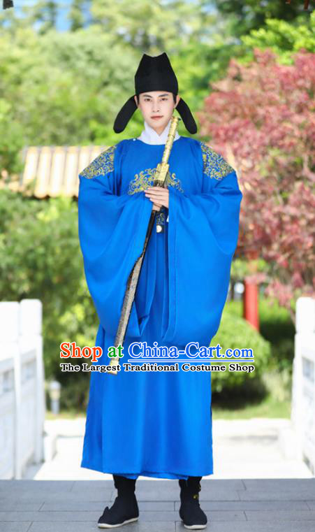 China Traditional Hanfu Garment Ancient Imperial Bodyguard Costume Tang Dynasty Official Blue Round Collar Robe