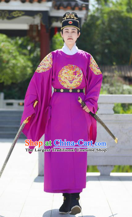 China Ming Dynasty Official Purple Dragon Robe Traditional Hanfu Garment Ancient Imperial Bodyguard Costume