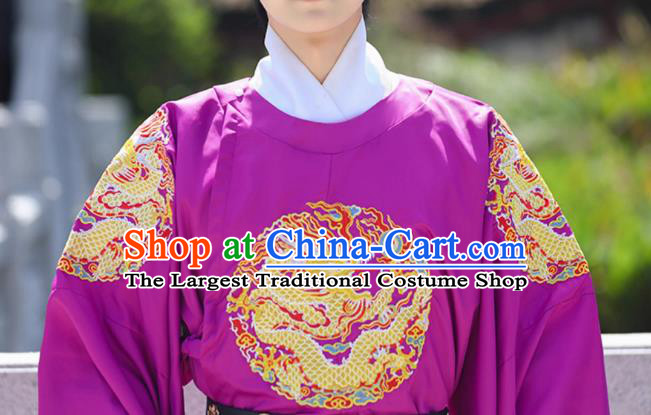 China Ming Dynasty Official Purple Dragon Robe Traditional Hanfu Garment Ancient Imperial Bodyguard Costume