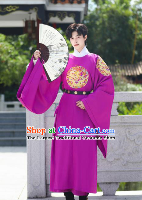 China Ming Dynasty Official Purple Dragon Robe Traditional Hanfu Garment Ancient Imperial Bodyguard Costume