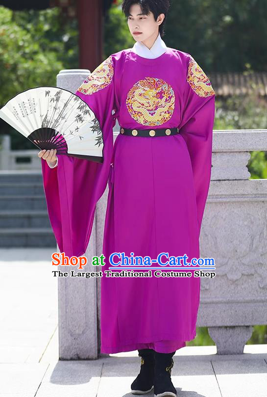 China Ming Dynasty Official Purple Dragon Robe Traditional Hanfu Garment Ancient Imperial Bodyguard Costume