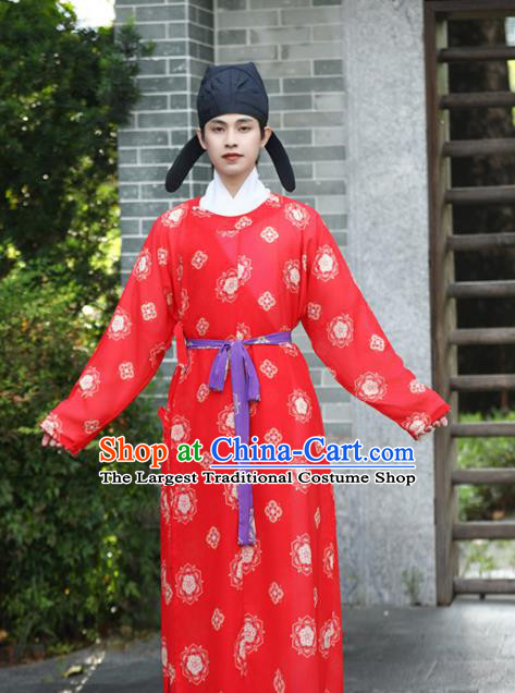 Ancient China Swordsman Costume Tang Dynasty Young Hero Red Chiffon Robe Traditional Hanfu Wuxia Garment
