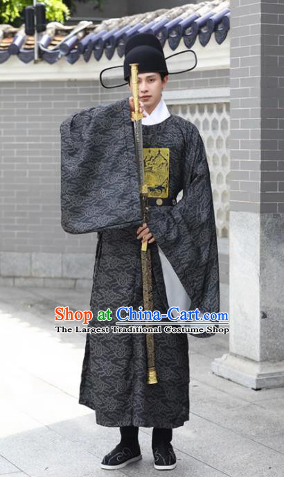 China Ming Dynasty Military Official Embroidered Lion Black Robe Traditional Hanfu Garment Ancient Officer Costume