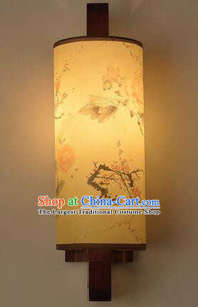 Chinese Wood Wall Lantern Top Peony Plum Painting Lamp Handmade Hallway Lamp