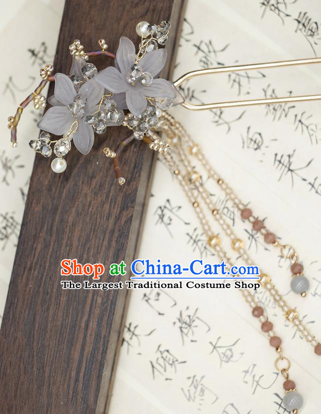 China Ancient Empress Tassel Hairpin Handmade Ming Dynasty Princess Grey Flower Hair Clip Hanfu Hair Jewelry